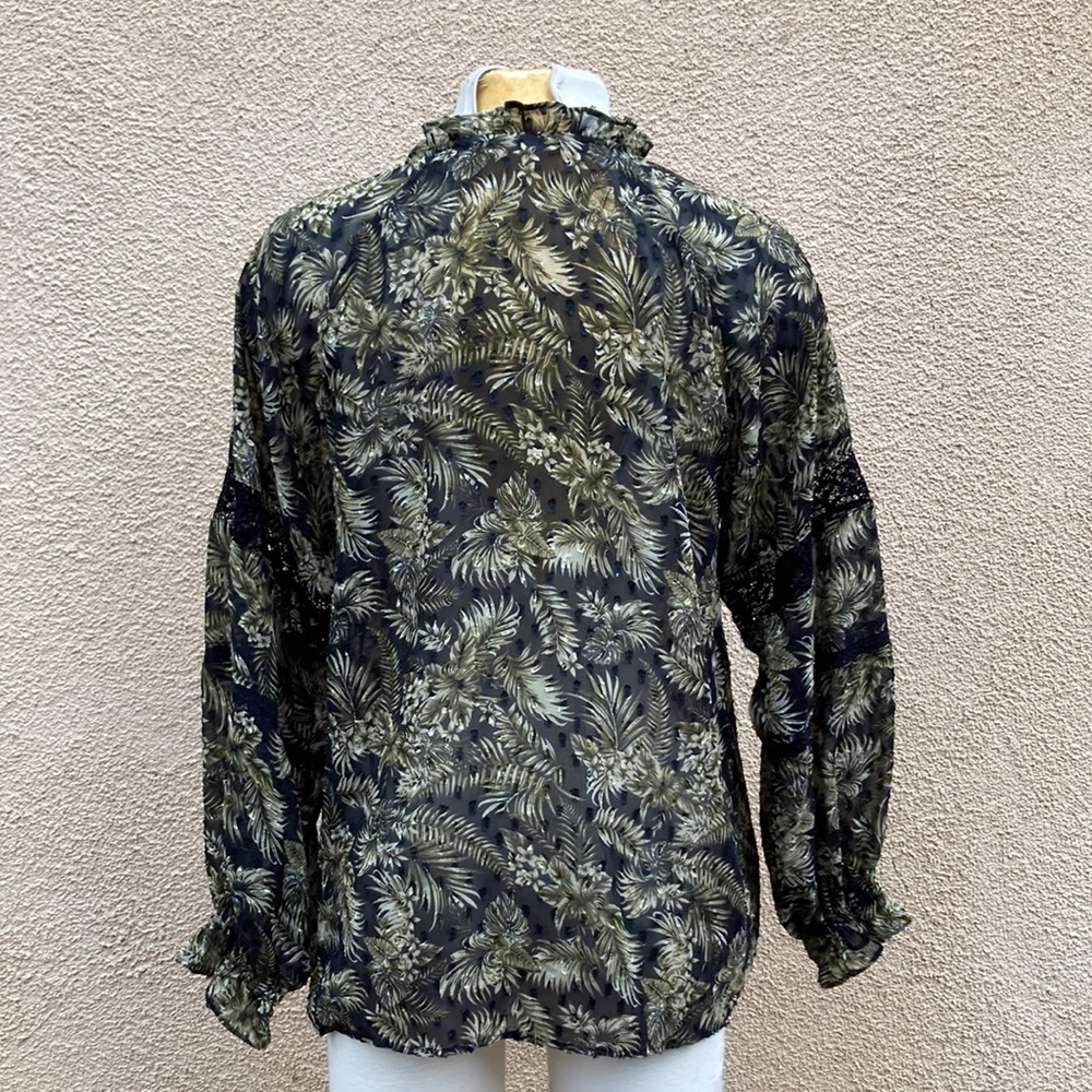 Zara Raised Velvet Sheer Crochet Bishop Sleeve Peasant Blouse Peek-a-Boo Yoke - Picture 7 of 9
